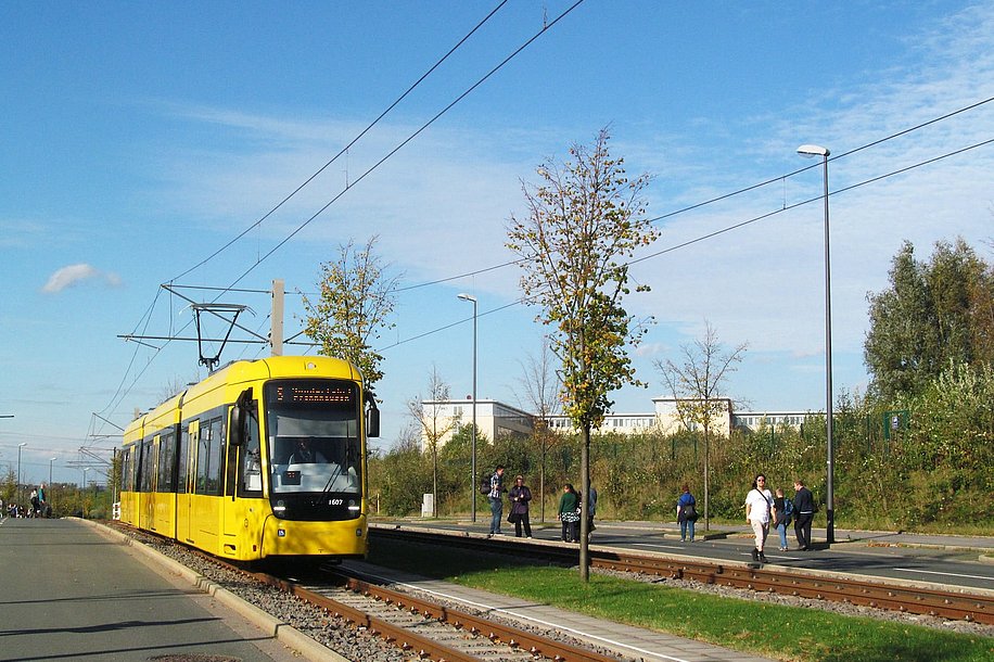 Eine gelbe Straßenbahn fährt auf einem Schottergleis umgeben von Straßen. Zwischen den Schottergleisen ist ein Wiesen-Streifen.